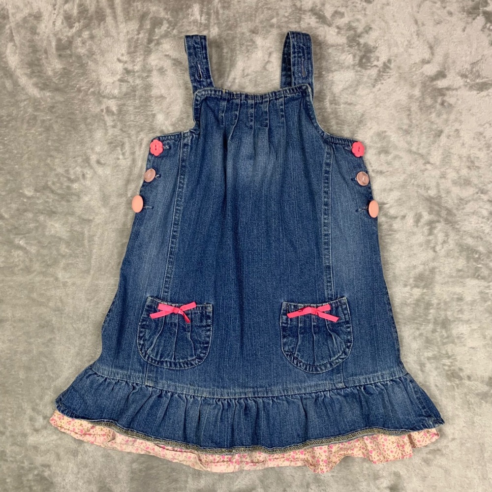 VTG Denim Jumper Dress 5T Toddler Girls Blue Pink Floral Ruffle Bows‎ 90s Y2K